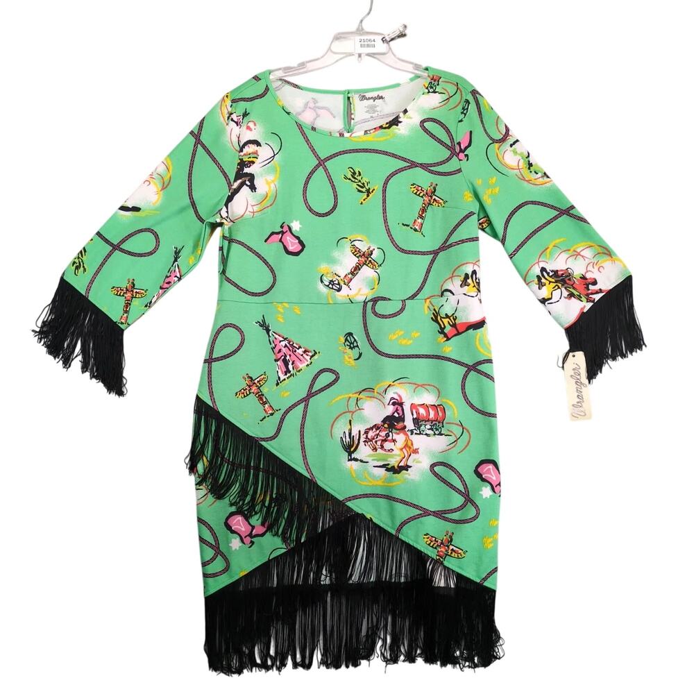 NWT Wrangler Green Western Fringe Dress Sz XL‎ Cowgirl Rodeo Festival Asymmetric